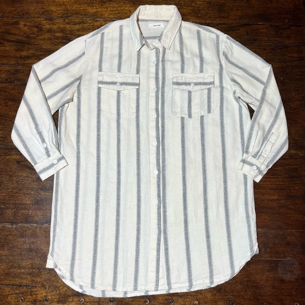 MOD REF Striped Button Down Shirt Womens S Oversized 100% Cotton White Gray‎
